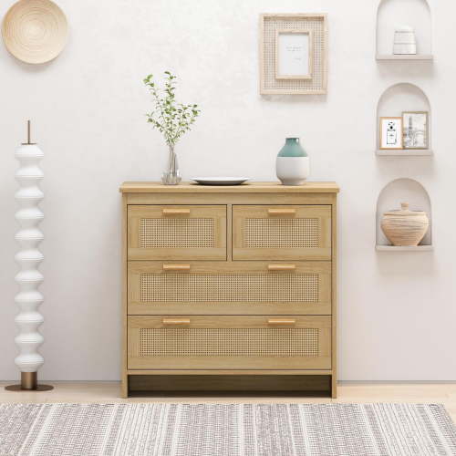 Storage Cabinet, 4-Drawer Rattan Dresser Made Of Particle Board, Natural Rattan Drawer Fronts With Smooth Slides And Anti-Tipping Device, Freestanding Organizer For Bedroom Entryway, Natural