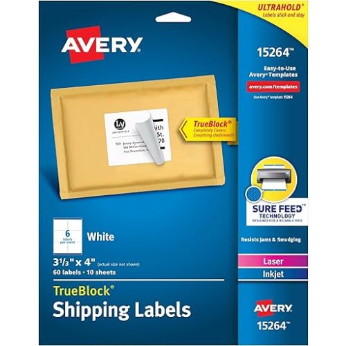 Avery Printable Shipping Labels, Sure Feed Technology, 3-1/3" x 4", White, Laser/Inkjet Printable, 60 Blank Mailing Labels (15264)