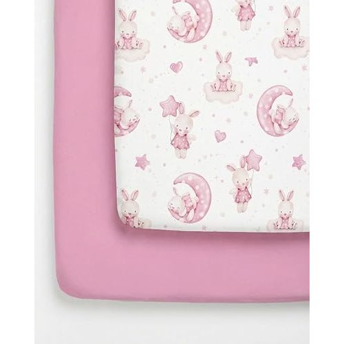 Pack and Play Sheets Fitted - 2 Pack Mini Crib Sheets for Pack N Play Mattress - Unisex Playard Bedding for Boys & Girls - Wrinkle Resistant and Machine Washable - Oeko-Tex - 38 x 26in - Bunny Dream