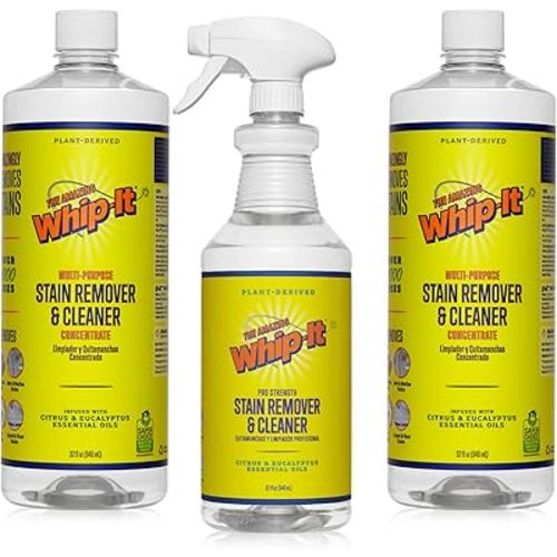 Whip-It Stain Remover and Concentrate Kit, 2-32oz Concentrates & 1-32 OZ Pro Spray Stain Remover, Makes 64 Bottles, Removes Coffee, Wine, Baby Stains, Pet Stains, Plant Based, Enzyme Cleaner, 500 Uses