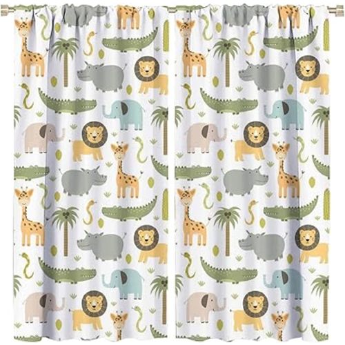 Baby Safari Animal Curtains,Woodland Jungle Cute Cartoon Elephant Lion Room Darkening Door Window Rod Pocket Curtain for Nursery Kids Bedroom Living Room W42xL45in