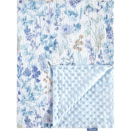 TILLYOU Baby Blankets for Girls Boys, Receiving Baby Blanket with Double Layer Soft Plush, Minky Muslin Cotton Front and Dotted Backing 30"x40", Blue Flower