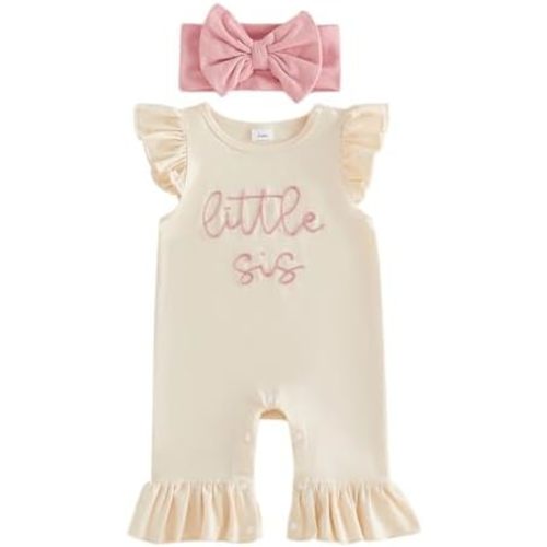 Newborn Baby Girl Clothes Jumpsuit Little Sis Embroidery Ruffle Sleeveless Romper Coming Home Hospital Outfits