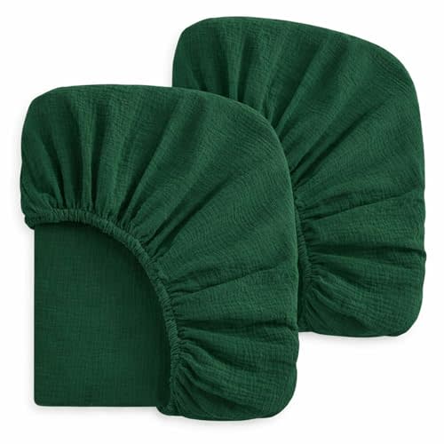 2 Pack Emerald Green Muslin Crib Sheets for Boys & Girl- Neutral Breathable Cotton Crib Mattress Sheets Fitted for Standard 28"x 52"- Nursery Décor No Slip Bed Sheets