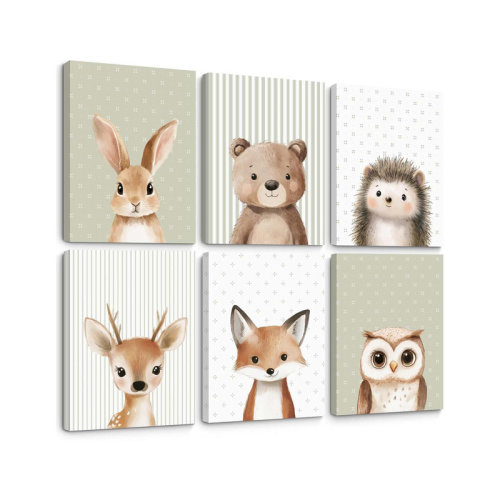 August Grove® Woodland Animal Nursery Wall Art Baby Kids Canvas Poster Safari Animal Wall Decor Jungle Forest Prints Bear Fox Deer Pictures Sage Green Painting Neutral Artwork For Bedroom 8X10x6 Inch Ready To Hang | Wayfair