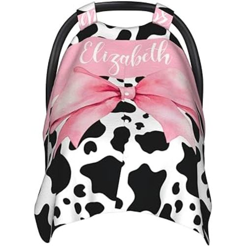 Personalized Baby Car Seat Canopy for Babies, Custom Name Baby Car Seats Cover for Girls, Pink Bow with Cow Print Opening Minky Nursing Breastfeeding Covers for Infant, Carseat Canopies for Newborn