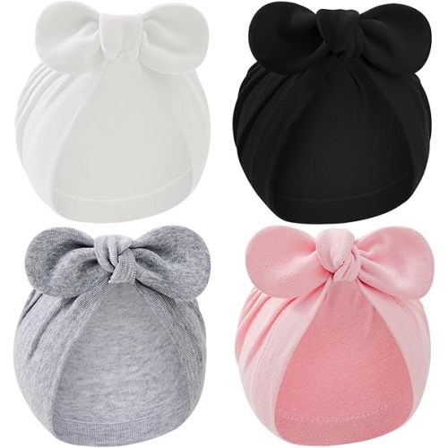 Zando 4PCS Baby Hat Newborn Hats with Big Bow Cotton Warmth Infant Hospital Hat Baby Turban for Girls Boys 0-2t