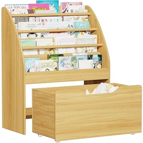 Lkeiyay Montessori Kids Bookshelf,4-Tier Toddler Bookshelf with Front-Facing Display & Rolling Storage Bin - Toddler Height Book Organizer for Nursery, Playroom, Classroom(Natural)