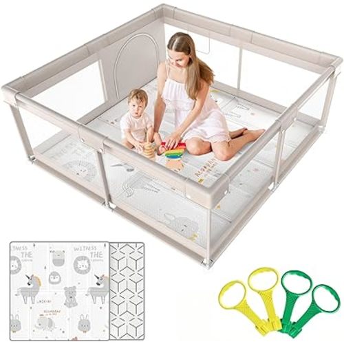 ZEEBABA Parc de jeu pour bébé avec matelas - Parc de jeu extra grand de 59x59 pouces pour bébés et tout-petits, aire de jeu avec conception à vision 360°, clôture pour bébé à l’intérieur, centre d