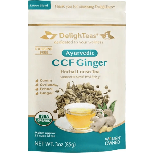 DelighTeas Organic Digest & Detox CCF Tea with Ginger | Ayurvedic Cumin, Coriander, Fennel, Ginger Loose Leaf Tea for Digestion | USDA Organic, Non-GMO, Caffeine Free, Sugar Free | 40 Servings, 3oz