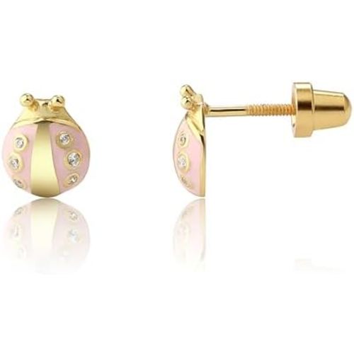 Cherished Moments Pendientes de mariquita rosa con respaldo de tuerca para bebés, niñas pequeñas, niños y niñas de plata de ley o chapados en oro de 14k