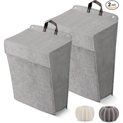 Wall Hanging Laundry Basket, Collapsible Laundry Hamper with Handle & Laundry Balls,Space-Saving Foldable Storage Dirty Washer Organizer Bin Multi-function Container Durable, Set of 2 (Grey)
