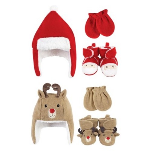 Hudson Baby Trapper Hat, Mitten and Bootie 6Pc Set, Santa Reindeer, 0-6 Months