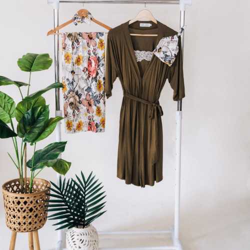 Olive Green Matching Robe and Floral Swaddle-Mom Baby-Baby Shower Gift-New Mom Gift-Robe & Lace Singlet Nursing Dress-Hospital Gown-Delivery