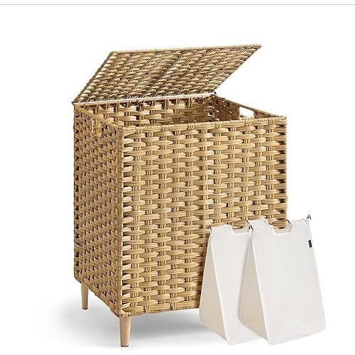 SONGMICS 2-Section Laundry Hamper with Lid, 29 Gal (110L) PE Rattan Laundry Basket with Removable Washable Liners, for Bedroom & Living Room, Goose Yellow ULCB222YE01