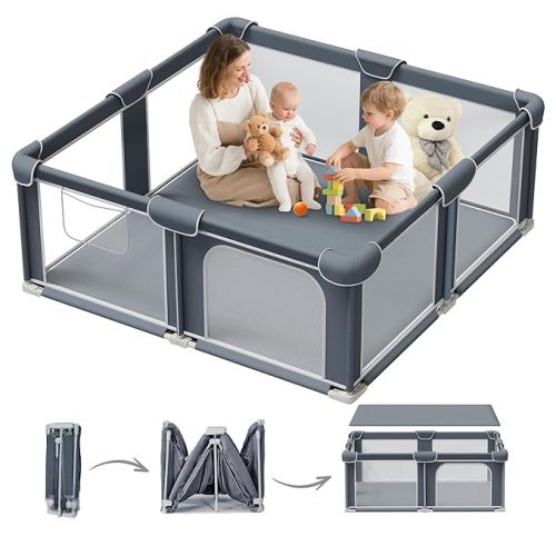 Foldable Playpen for Babies and Toddlers, 50"x50" Portable Play Yard with Mat, Kids Collapsible Play Pen with Sturdy Metal Frame & Mesh Walls, Indoor & Outdoor Baby Fence Play Area