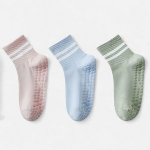 Anna-Kaci Women's 3-Pack Ankle Socks with Rubber Grips and Striped Ribbed Cuffs Soft Non-Slip Sporty Style