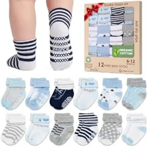 GOTS Organic Cotton Blend 12 Baby Boy Socks Newborn 6-12 M Non Slip Gift | Oeko-Tex Certified, Baby Socks, 12 Pairs, Baby Socks Newborn, Newborn Socks Boys, Blue, For Baby Boys, 6-12 Months,