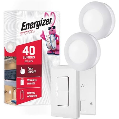Energizer Battery Powered Puck Lights with Remote Wall Switch, 2 Pack