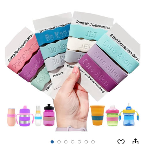 3 Piece Personalized Baby Bottle Labels for Daycare School Summer Camp Customized Children's Water Bottle Name Bands Custom Engraved Reusable Silicone Cup Bands Labels