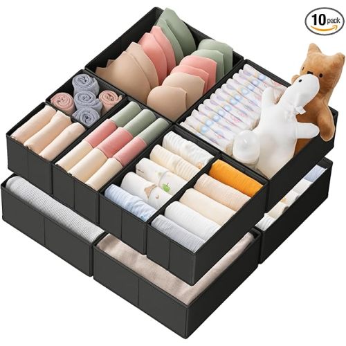 Criusia Drawer Organizer Clothes, 10 Pack Dresser Organizer for Baby Clothes, Underwear, Sock- Foldable Closet Organization and Storage Dividers Bins for Nursery, Bedroom (Black)