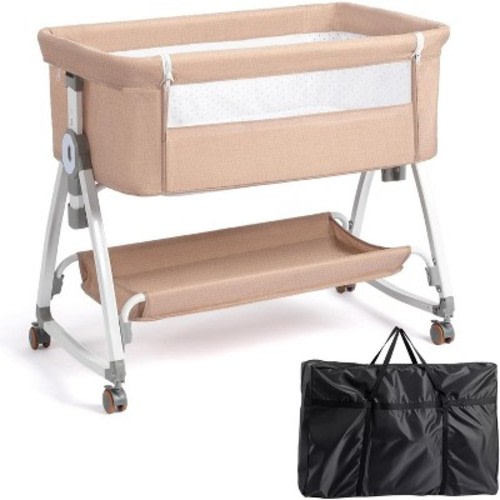 JOYMOR 3 in 1 Baby Bassinet, Bedside Bassinet for Baby, with Comfy Mattress and Wheels, 6 Height Adjustable Easy Folding