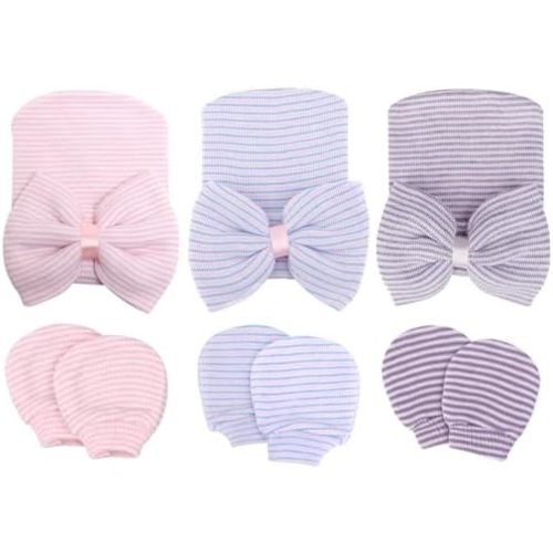 Cotton Newborn Baby Girl Bow Hats with Mittens 0-3 Months