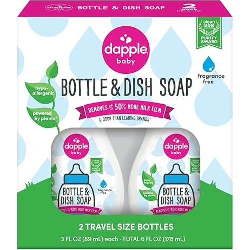 Dapple Baby Fragrance-Free Baby Bottle & Dish Soap - (2 Pack) 3 fl oz - Plant-Powered Cleaner for Bottles, Pump Parts, and Sippy Cups - Travel Size