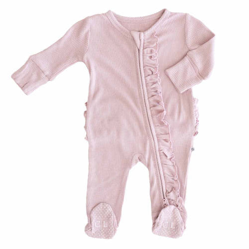 Embroidered Bamboo Waffle Zipper Ruffle Footie | Elderberry
