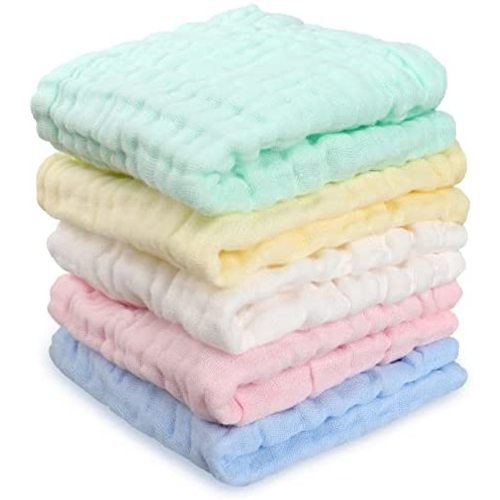 Duyymtsia Baby Muslin Washcloths, 6-Layer Natural Cotton Baby Burp Cloths Super Absorbent and Soft Face Towel for Sensitive Skin-Baby, Newborn, Kids and Adult ( 5PCS in 12*12 inches)