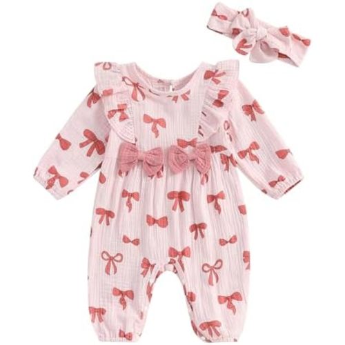 NZNDSHD Newborn Baby Girl Romper Long Sleeve Jumpsuit Cute Bow Print One Piece Clothes Fall Winter Outfit with Headband
