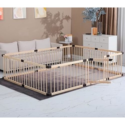 Conabay Large Baby Playpen Play Pen Fence Gate ,Baby Safety Wooden Guard Fence Play Area with Door,Baby Kids Barrier Fencing ,Baby Birthday Gift (180x240CM)