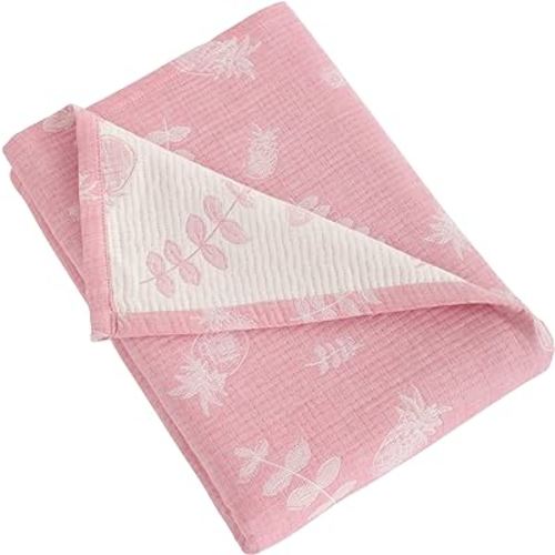 NTBAY 3 Layer Toddler Blanket, Muslin Cotton Jacquard Bed Blankets, Lightweight Thermal Baby Blanket, Super Soft and Warm Crib Blanket for All Seasons, Decoration Gift, 30"x40", Pink Pineapple