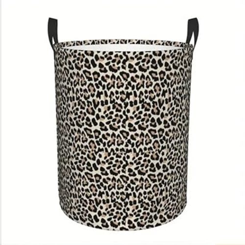 Large Leopard Print Foldable Waterproof Laundry Hamper with Handles - 16.5" H x 13.4" W - Perfect for Clothes, Toys, and Bathroom Storage - Classic Round Design, Laundry Basket (brown-2)