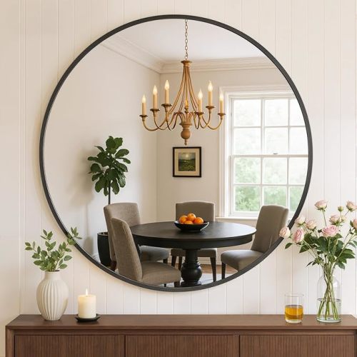 Bathroom Mirror for Wall, 24 Inch Round Mirror, Matte Black Metal Framed Circle Vanity Mirror for Bathroom Bedroom Living Room Entryway, Anti-Rust, Tempered Glass, Hanging or Leaning