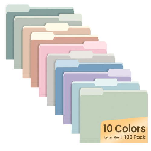 SUNEE Manila File Folder 8.5 x 11 1/3 Cut Letter Size 100 pack Filing Folder for Work Home 10 Pastel Colors