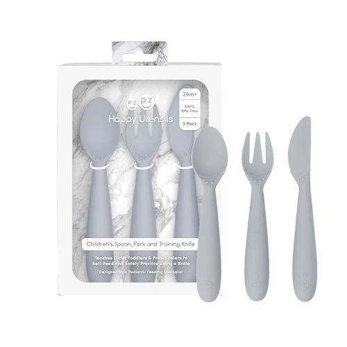 ezpz Happy Utensils (Pewter) - 24 Months+ - Fork, Spoon and Knife