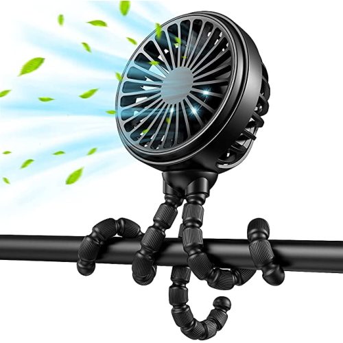 GUSGU Portable Fan Battery Operated, Small Stroller Fan with Flexible Tripod Clip-on for Baby, USB Rechargeable and Handheld Cooling Fan for Travel, Car Seat, Camping, and Bedroom - black