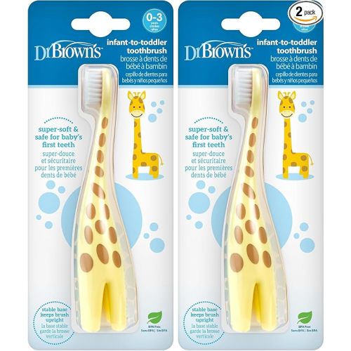 Dr. Brown's Infant-to-Toddler Training Toothbrush, Soft for Baby's First Teeth, Giraffe, 0-3 Years (Pack of 2)