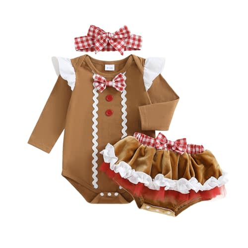 GINEVSAL Baby Girl Christmas Outfit Gingerbread Ruffle Romper with Tutu Mini Skirt Shorts and Headband Set Fall Clothes