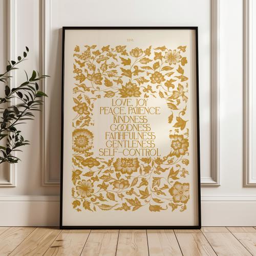 Fruit of the Spirit Print, Love Joy Peace Scripture Gift, Galatians 5:22 Artwork, Bible Verse, Christian Art, Vintage Yellow and Ivory