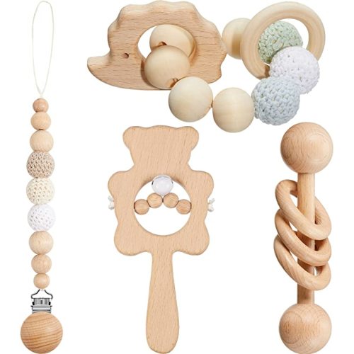 Nuanchu 4 Pieces Wooden Baby Toy Wood Teether Baby Teething Toy Wooden Rattle Bracelet Wooden Pacifier Clip with Crochet Beads