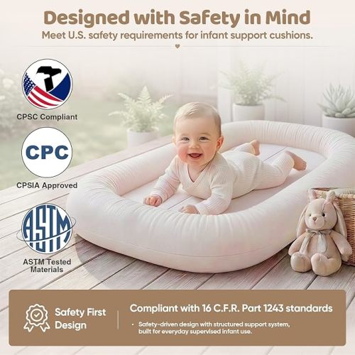 Baby Lounger - Breathable Cotton Infant Support Cushion for Babies 0-24 Months, Portable Tummy Time Mat for Home & Travel, Machine Washable, Perfect Baby Registry Gift, White