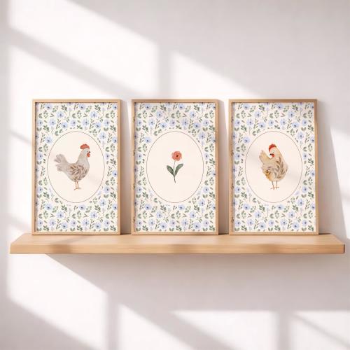 Farmhouse Chicken Nursery Art: Watercolor Hens, Floral Print Set (Digital Download)
