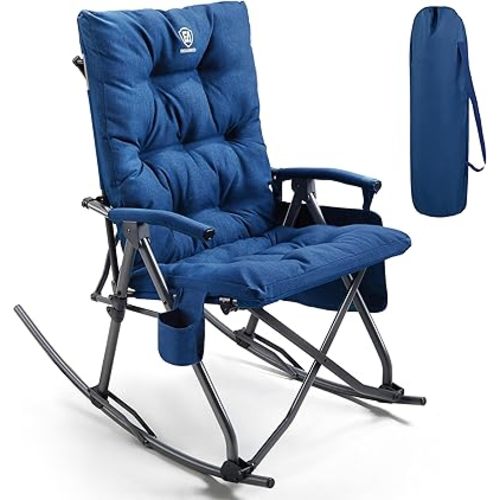 EVER ADVANCED Oversized Folding Rocking Camping Chair, Padded Portable Rocker Chair for Patio, Lawn and Outdoors, Heavy Duty Hard Armchair for Adults Supports 400lbs, Blue