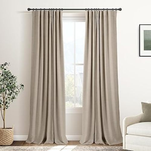 INOVADAY 100% Blackout Curtains for Bedroom, Black Out Curtains 84 Inch Long, Clip Rings Linen Blackout Drapes, Thermal Insulated Room Darkening for Living Room, 2 Panels - Earthy Beige,W50xL84