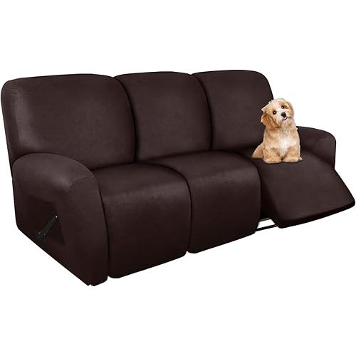 Recliner Sofa Covers - 8 Pieces Stretch Leather Like Large Couch Covers for 3 Seats Reclining Slipcovers Soft Jacquard Pattern Furniture Protector with Elastic Bottom (Chocolate)
