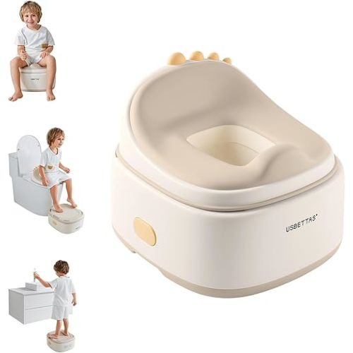 3 in 1 Potty Training Toilet, Dinosaur Toddler Potty Training Seat for Boys Girls with Comfortable Cushion, Easy-to-Clean and Anti-Slip Potty Training Step Stool for Toilet (Beige)