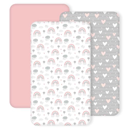 3 Pack Crib Sheets for Girls – Fitted Crib Sheets for Standard Crib Mattress and Toddler Mattress, Ultra Soft Breathable Washable Polyester, 28x52inch, Pink & Grey Heart