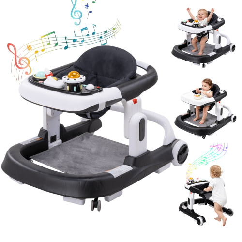 4-in-1 Baby Walker with Wheels, Adjustable Height, Music and Light for Girls Boys Infant 6-18 Months,Black